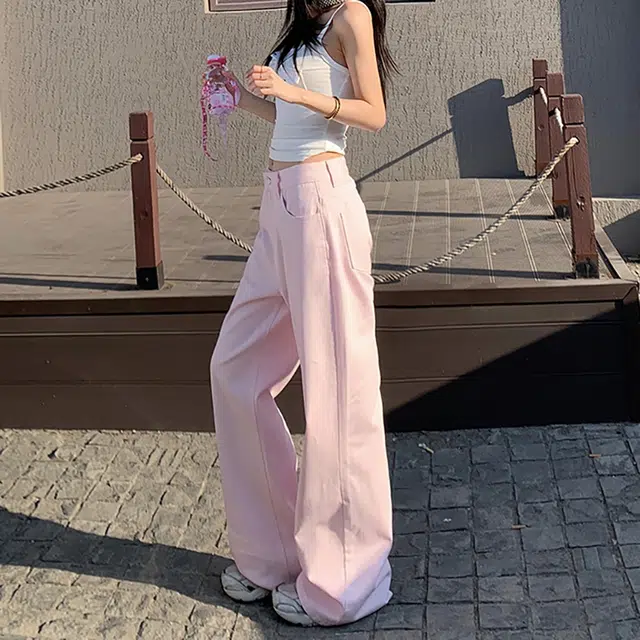 人本 时尚百搭复古水洗裤子甜美清新纯色高腰设计显瘦街头宽松直筒阔腿牛仔裤 女款