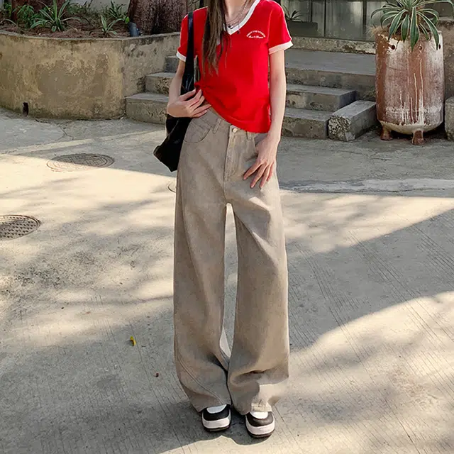 人本 美式百搭宽松休闲直筒裤复古废土风扎染阔腿牛仔裤 女款