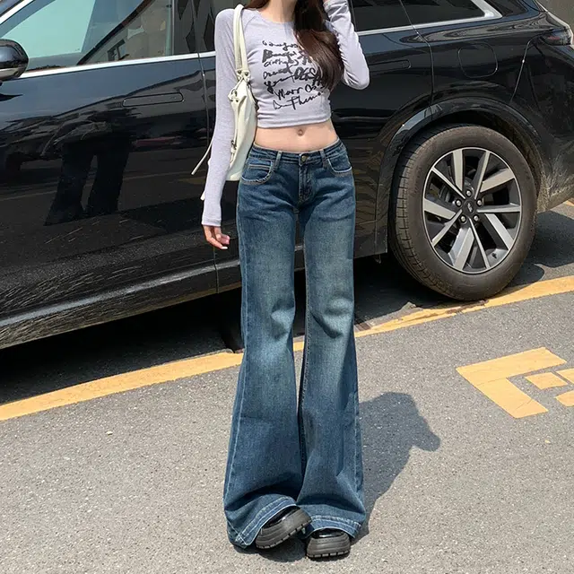 人本 美式辣妹复古风格舒适百搭弹力时尚直筒低腰拖地阔腿牛仔裤 女款