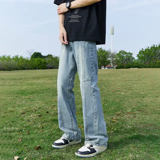 人本 简约拼接校园通勤直筒裤子微喇显瘦水洗长裤子牛仔裤夏季 男女同款 蓝色