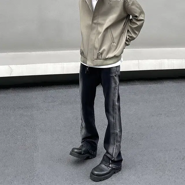 人本 侧边双色渐变长裤子微弹青春户外通勤撞色直筒牛仔裤夏季 男女同款 黑色