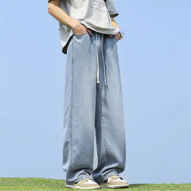 人本 户外百搭宽松直筒长裤简约潮流美式高街水洗系带松紧腰牛仔裤 男女同款