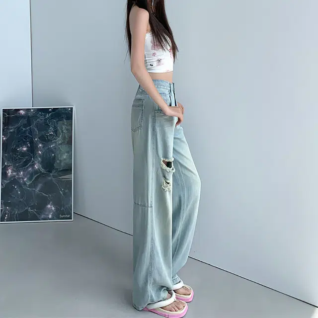 人本 美式复古水洗时尚休闲舒适阔腿拖地破洞宽松垂感直筒牛仔裤 女款