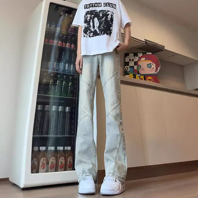 人本 磨白做旧耐磨水洗拼接设计微喇叭长裤青少年文艺校园青春休闲百搭牛仔裤 男女同款 黑色