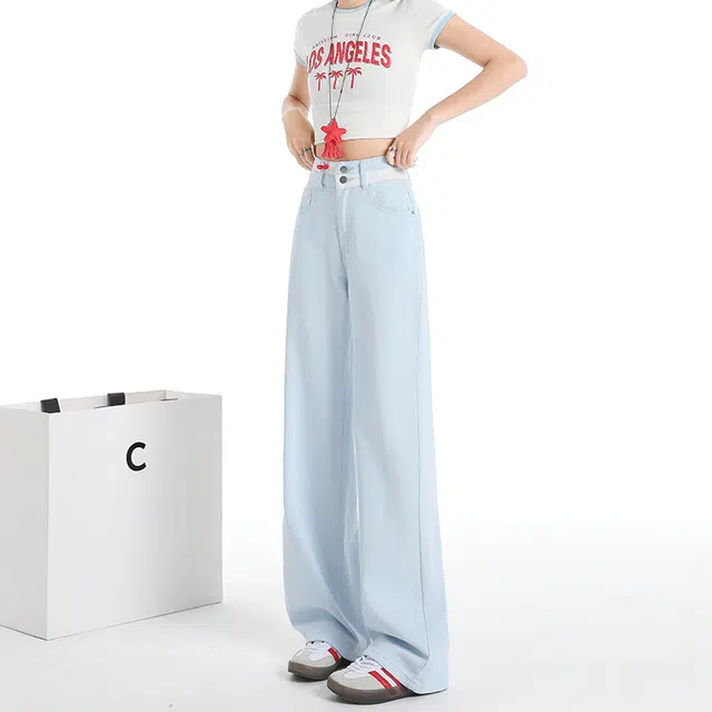 人本 时尚百搭显瘦垂感梨形身材宽松拖地裤刺绣高腰阔腿牛仔裤 女款