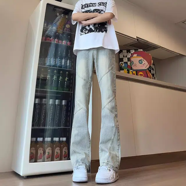 人本 磨白做旧耐磨水洗拼接设计微喇叭长裤青少年文艺校园青春休闲百搭牛仔裤 男女同款 黑色