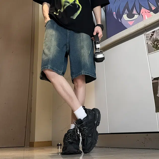 人本 美式高街水洗磨白复古直筒裤子拼接五分宽松直筒牛仔短裤夏季 男女同款 怀旧蓝