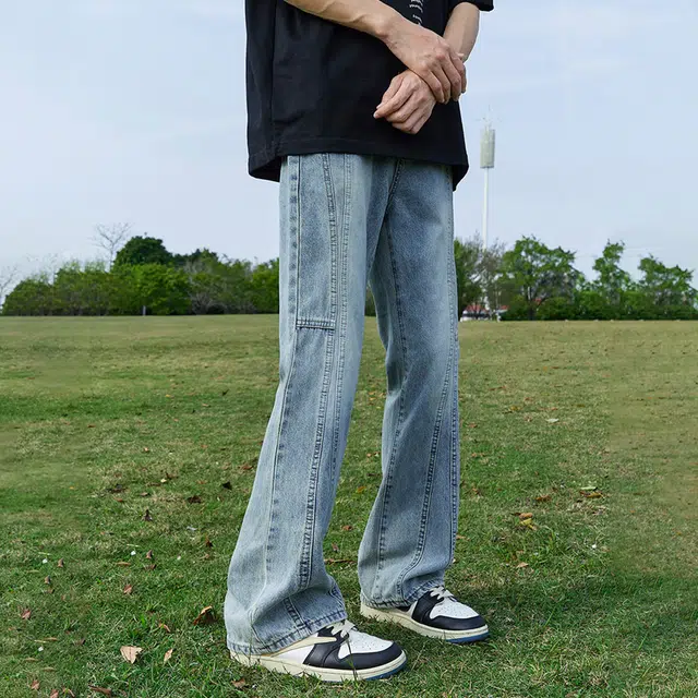 人本 简约拼接校园通勤直筒裤子微喇显瘦水洗长裤子牛仔裤夏季 男女同款 蓝色