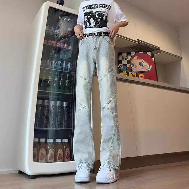 人本 磨白做旧耐磨水洗拼接设计微喇叭长裤青少年文艺校园青春休闲百搭牛仔裤 男女同款 黑色