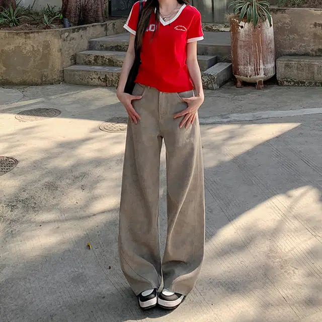 人本 美式百搭宽松休闲直筒裤复古废土风扎染阔腿牛仔裤 女款