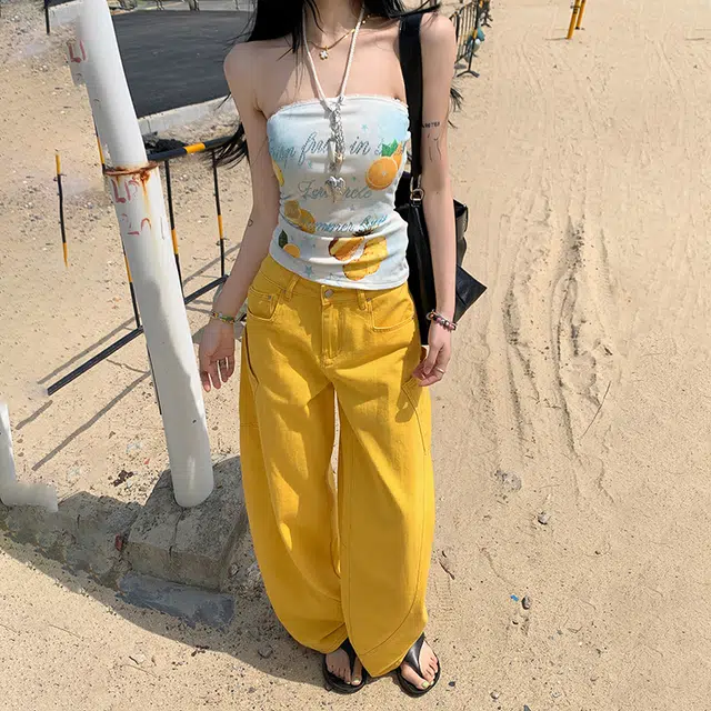 人本 美式复古舒适百搭弯刀字母刺绣拼接宽松休闲时尚高腰显瘦阔腿牛仔裤 女款