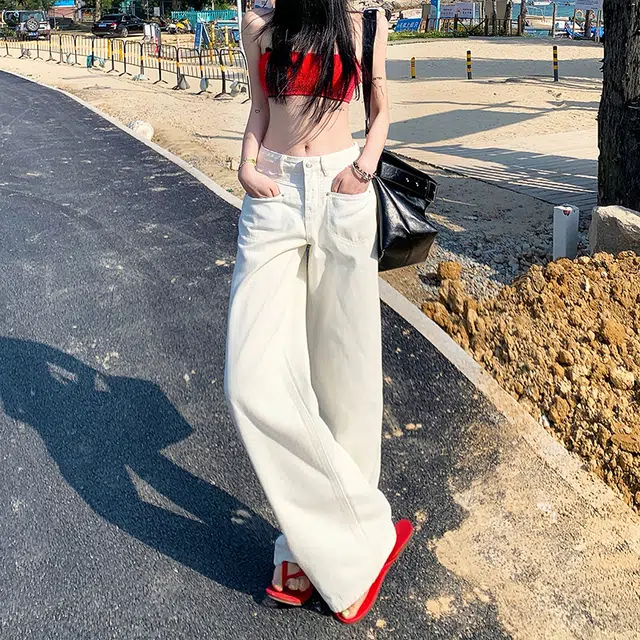 人本 美式复古高腰显瘦百搭时尚宽松舒适直筒垂感拖地牛仔裤 女款