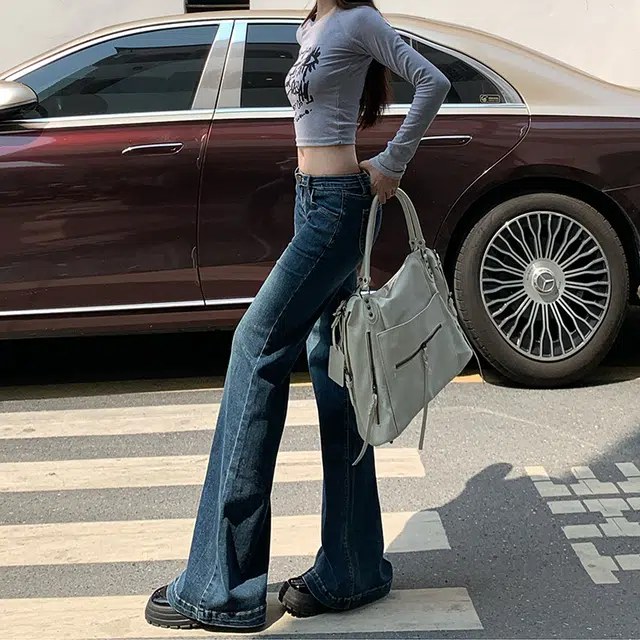 人本 美式辣妹复古风格舒适百搭弹力时尚直筒低腰拖地阔腿牛仔裤 女款