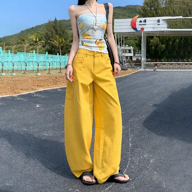 人本 美式复古舒适百搭弯刀字母刺绣拼接宽松休闲时尚高腰显瘦阔腿牛仔裤 女款