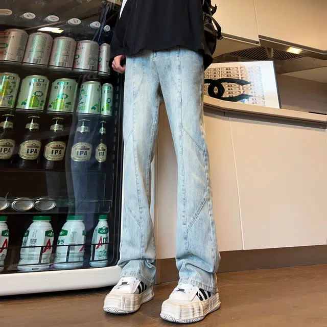 人本 休闲外出水洗磨白拼接长裤子街头百搭复古合身直筒牛仔裤夏季 男女同款 黄泥色