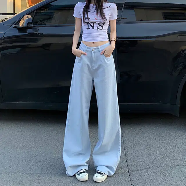 人本 时尚百搭复古水洗裤子甜美清新纯色高腰设计显瘦街头宽松直筒阔腿牛仔裤 女款