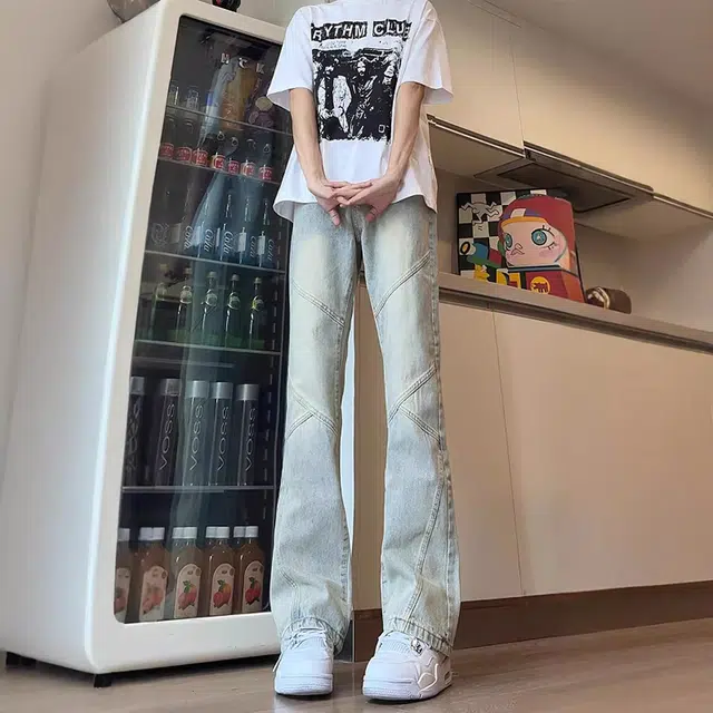 人本 磨白做旧耐磨水洗拼接设计微喇叭长裤青少年文艺校园青春休闲百搭牛仔裤 男女同款 黑色