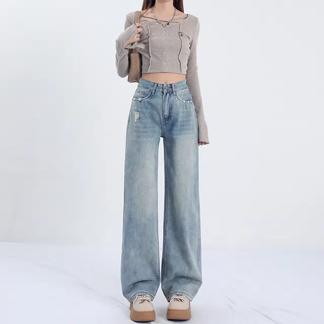 人本 百搭宽松垂感舒适轻便拉链高腰阔腿基础简约时尚设计感牛仔裤 女款 浅蓝