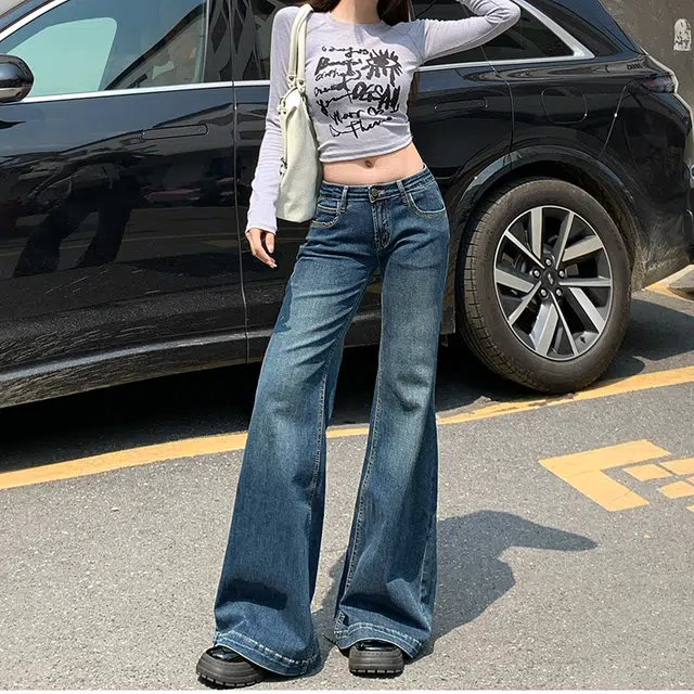 人本 美式辣妹复古风格舒适百搭弹力时尚直筒低腰拖地阔腿牛仔裤 女款
