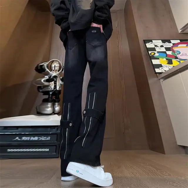 人本 宽松直筒拼接长裤子拉链暗扣设计后腰松紧简约牛仔裤 男女同款