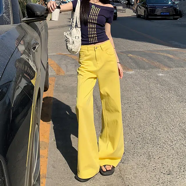 人本 时尚百搭复古水洗裤子甜美清新纯色高腰设计显瘦街头宽松直筒阔腿牛仔裤 女款