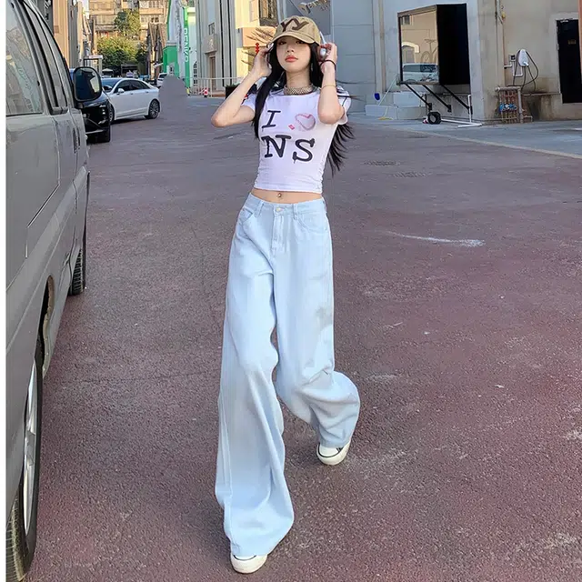 人本 时尚百搭复古水洗裤子甜美清新纯色高腰设计显瘦街头宽松直筒阔腿牛仔裤 女款