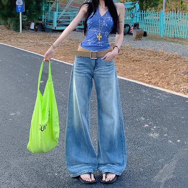 人本 美式复古水洗显瘦直筒垂感折痕宽松阔腿牛仔裤 女款
