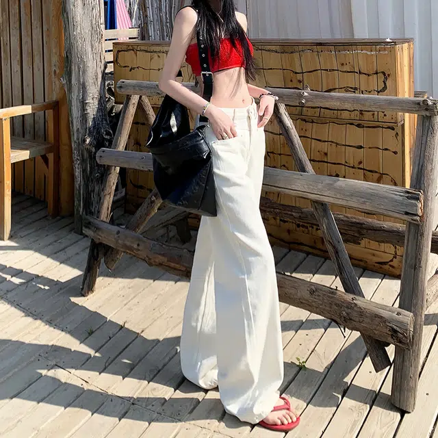 人本 美式复古高腰显瘦百搭时尚宽松舒适直筒垂感拖地牛仔裤 女款