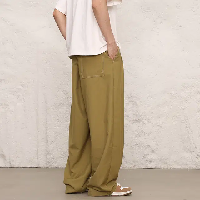 人本 纯色舒适柔软百搭宽松西装阔腿休闲裤 男女同款 绿黄色