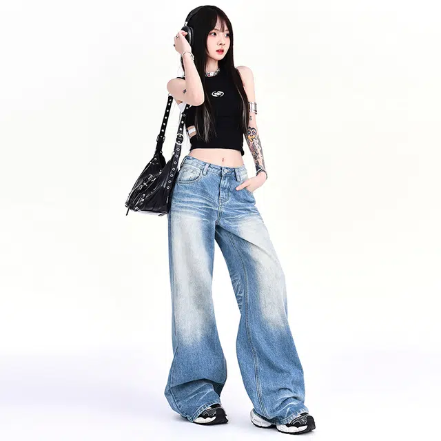 人本 美式百搭时尚做旧水洗折痕拖地显瘦宽松直筒阔腿裤牛仔裤 女款 蓝色
