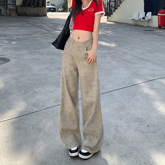人本 美式百搭宽松休闲直筒裤复古废土风扎染阔腿牛仔裤 女款