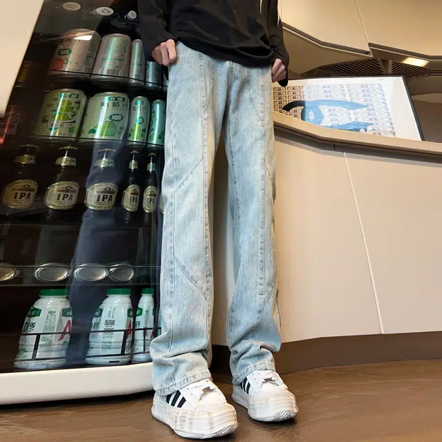人本 休闲外出水洗磨白拼接长裤子街头百搭复古合身直筒牛仔裤夏季 男女同款 黄泥色