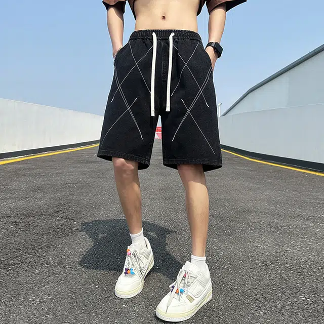 人本 松紧腰系带拼色度假休闲舒适五分裤百搭裤子牛仔短裤 男女同款