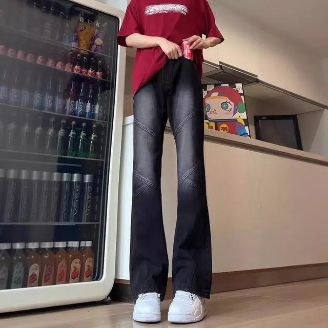 人本 磨白做旧耐磨水洗拼接设计微喇叭长裤青少年文艺校园青春休闲百搭牛仔裤 男女同款 黑色