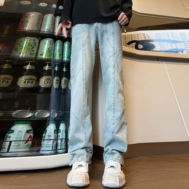 人本 休闲外出水洗磨白拼接长裤子街头百搭复古合身直筒牛仔裤夏季 男女同款 黄泥色