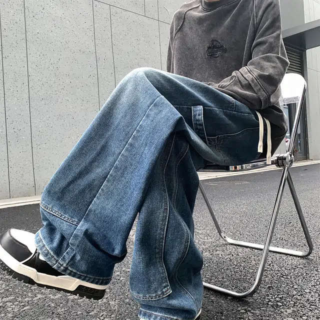 人本 直筒宽松休闲长裤抽绳系带中腰拼接飘带复古阔腿裤学生百搭牛仔裤 男女同款
