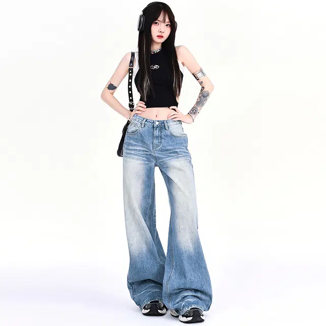 人本 美式百搭时尚做旧水洗折痕拖地显瘦宽松直筒阔腿裤牛仔裤 女款 蓝色