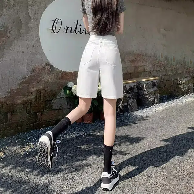 人本 美式潮流时尚简约休闲直筒纯色高腰宽松舒适百搭五分牛仔短裤 女款