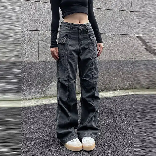 人本 美式多口袋宽松街头百搭直筒休闲复古水洗做旧风牛仔裤 女款