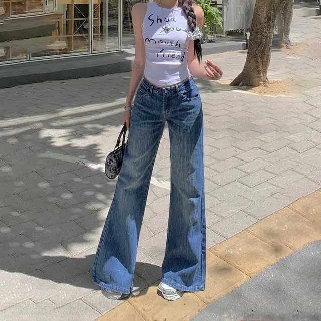 人本 宽松显瘦重工竹节纹超级复古蓝美式低腰阔腿微喇牛仔裤 女款