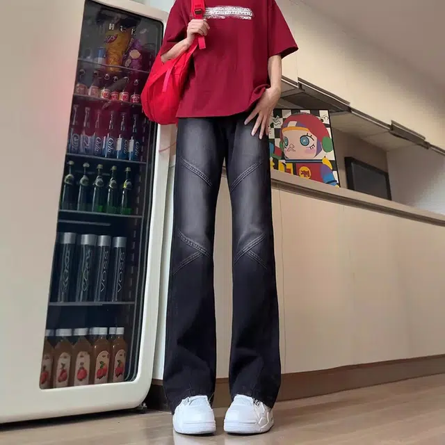 人本 磨白做旧耐磨水洗拼接设计微喇叭长裤青少年文艺校园青春休闲百搭牛仔裤 男女同款 黑色