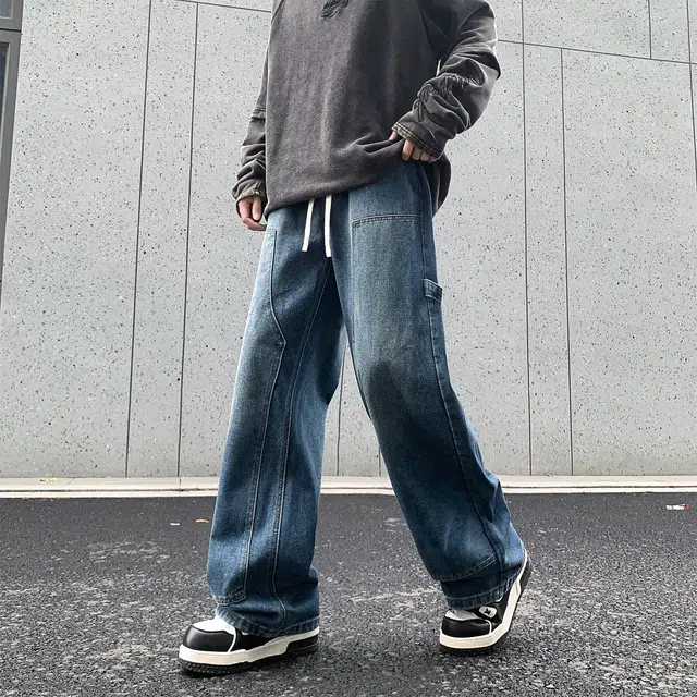 人本 直筒宽松休闲长裤抽绳系带中腰拼接飘带复古阔腿裤学生百搭牛仔裤 男女同款