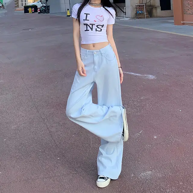 人本 时尚百搭复古水洗裤子甜美清新纯色高腰设计显瘦街头宽松直筒阔腿牛仔裤 女款