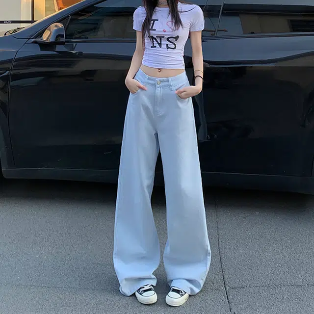 人本 时尚百搭复古水洗裤子甜美清新纯色高腰设计显瘦街头宽松直筒阔腿牛仔裤 女款