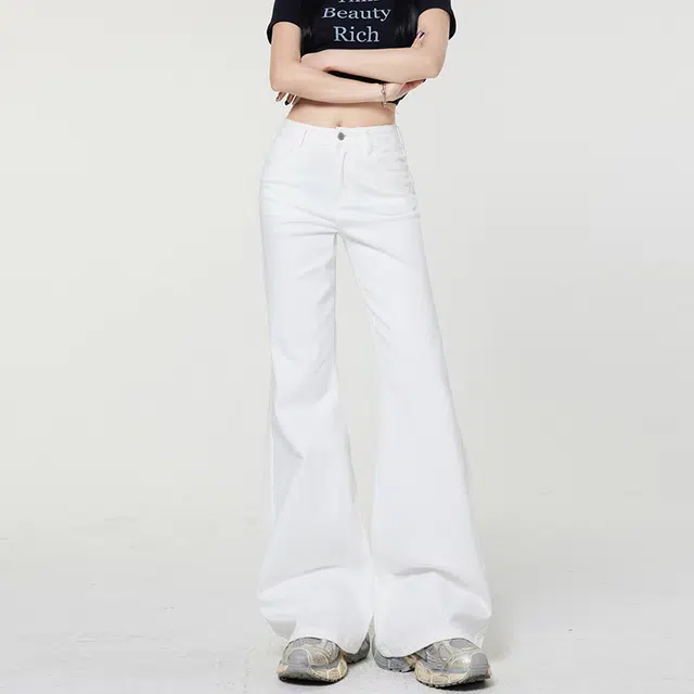 人本 辣妹宽松拖地喇叭裤美式纯色高腰休闲时尚显瘦百搭牛仔裤 女款