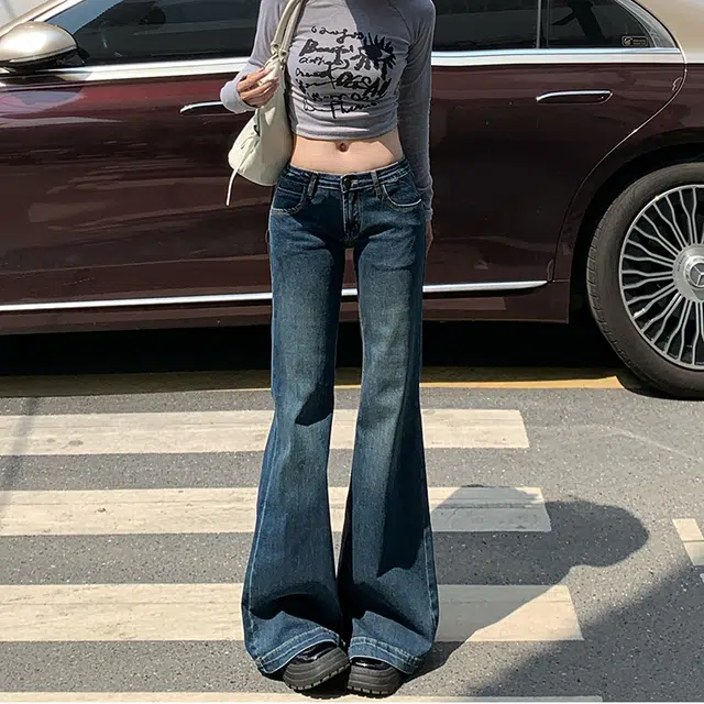 人本 美式辣妹复古风格舒适百搭弹力时尚直筒低腰拖地阔腿牛仔裤 女款