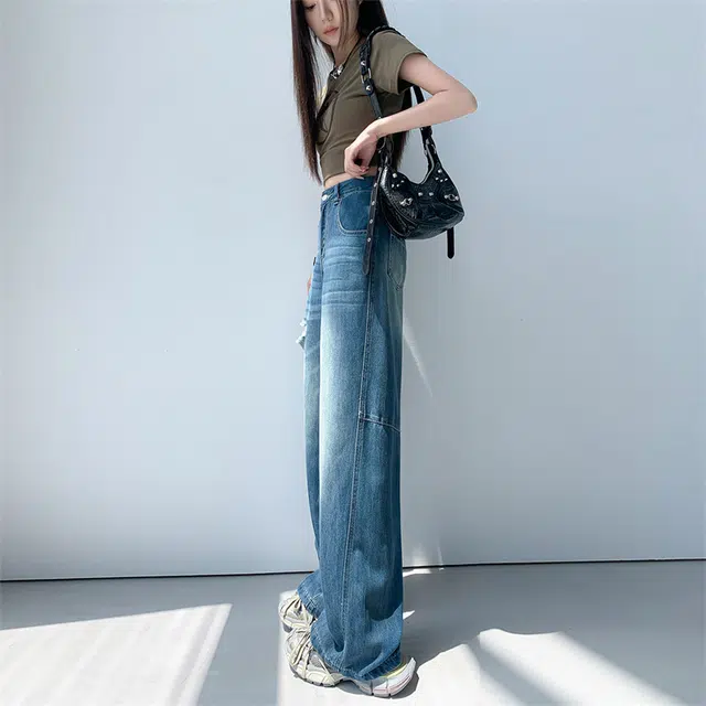 人本 美式复古水洗时尚休闲舒适阔腿拖地破洞宽松垂感直筒牛仔裤 女款