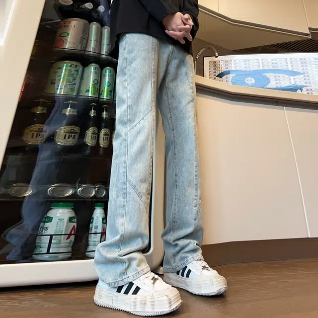 人本 休闲外出水洗磨白拼接长裤子街头百搭复古合身直筒牛仔裤夏季 男女同款 黄泥色