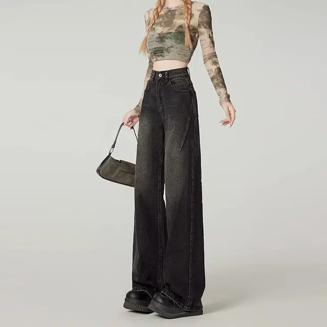 人本 美式复古宽松窄版梨形直筒裤高腰阔腿辣妹牛仔裤 女款 黑色