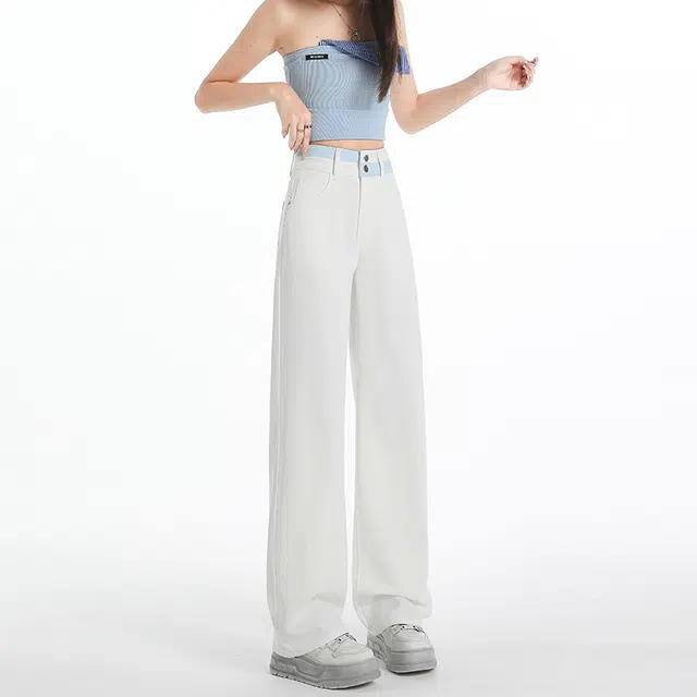 人本 时尚百搭显瘦垂感梨形身材宽松拖地裤刺绣高腰阔腿牛仔裤 女款